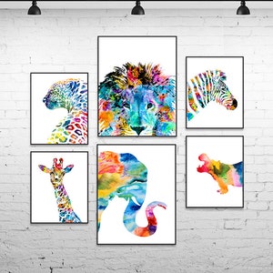 Colorful watercolor jungle animals print set nursery watercolor painting, gift for boy, nursery safari wall decor, 6 prints - S131