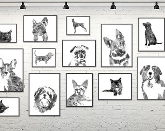 Black white dogs and cats art print, dog portraits dogs posters veterinary wall art veterinary clinic decor vet decor, 18 pets prints - S191