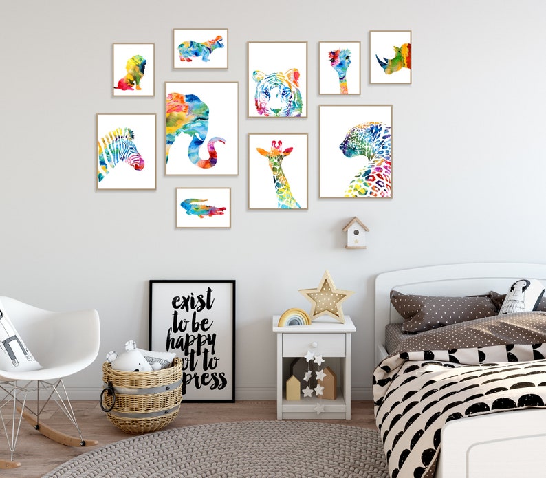 Estampados de animales de safari en acuarela: Decoración colorida para la pared de la habitación de los niños, juego de 10 - S52 imagen 5