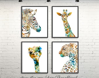Nursery animal art print, watercolor print, safari wall art, set of 4 prints - H209/H210/H105/H198