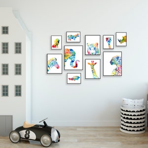 Estampados de animales de safari en acuarela: Decoración colorida para la pared de la habitación de los niños, juego de 10 - S52 imagen 6