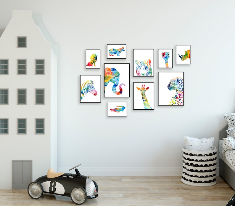 Estampados de animales de safari en acuarela: Decoración colorida para la pared de la habitación de los niños, juego de 10 - S52 imagen 6