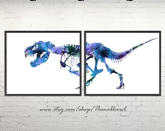 Watercolor Dinosaur Bones Art Print Set: Blue T-Rex Decor - 426