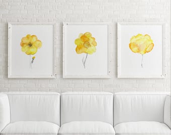 Watercolor paintnig yellow flowers print, watercolor flowers, flower art, floral art, botanical art, yellow wall decor, set of 3 - S7