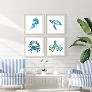 Watercolor coastal wall art, coastal prints, nautical art print set of 4, beach wall decor beach prints blue decor  - V4