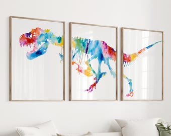 Dinosaur Nursery Print Set: Watercolor T-Rex Skeleton Wall Art - S118
