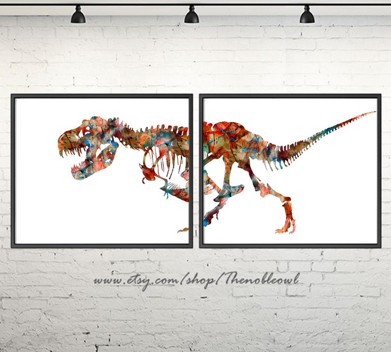 Watercolor Dinosaur Print Set: Jurassic Trex Skeleton Nursery Art - 430 zdjęcie 1