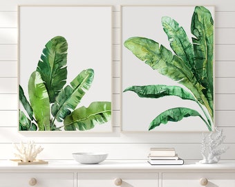 Watercolor painitng botanical prints, tropical leafs prints, banana leaves print, nature wall decor, green decor - set of 2 prints -  S78