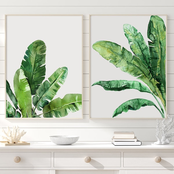 Watercolor painitng botanical prints, tropical leafs prints, banana leaves print, nature wall decor, green decor - set of 2 prints -  S78