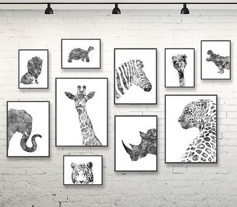 Animal Art Print Black White Watercolor Prints Set Nursery | Etsy