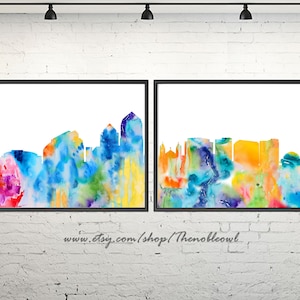 Watercolor Albuquerque skyline, Albuquerque New Mexico, Albuquerque art print poster, cityscape painting, wall art set of 2 prints