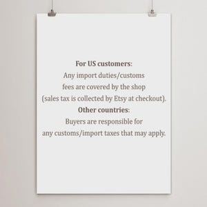 May include: A white poster with black text is hanging from two silver clips. The text provides information about import duties and customs fees for US customers and other countries.
