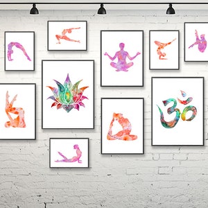Yoga prints, yoga posters, yoga asana prints, yoga poses prints, yoga studio decor, meditation art, yoga wall decor, print set of 10 - S235