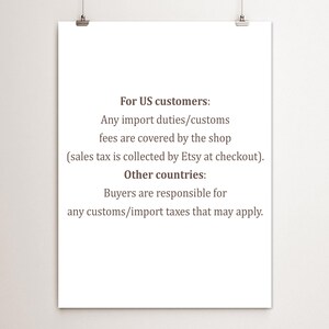 May include: A white poster with black text detailing import duty and customs fees for US and international customers. The poster is held by two silver clips.