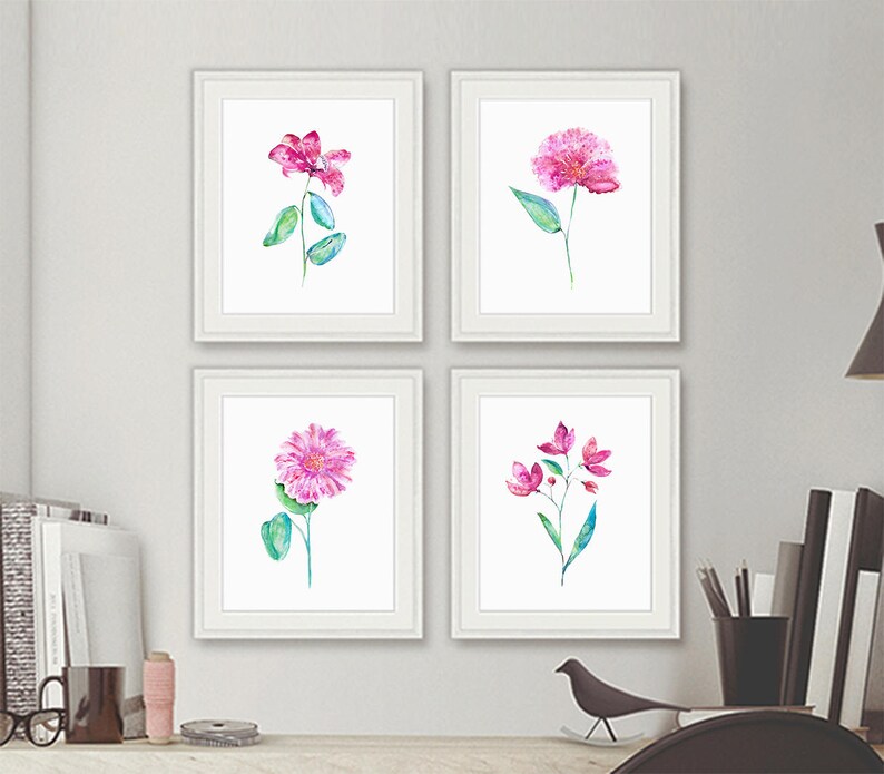 Original Watercolor Flowers Art Print, Set of 4 prints, Flowers Painting, Floral Wall Art, Gift For Her - N64/67 image 2