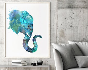 Elephant Watercolor Art Print: Blue Nursery Animal Wall Decor - 182