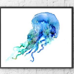 Watercolor Jellyfish print, jellyfish art, ocean art, blue nautical print, bathroom wall art, ocean theme, beach wall decor F217 image 1