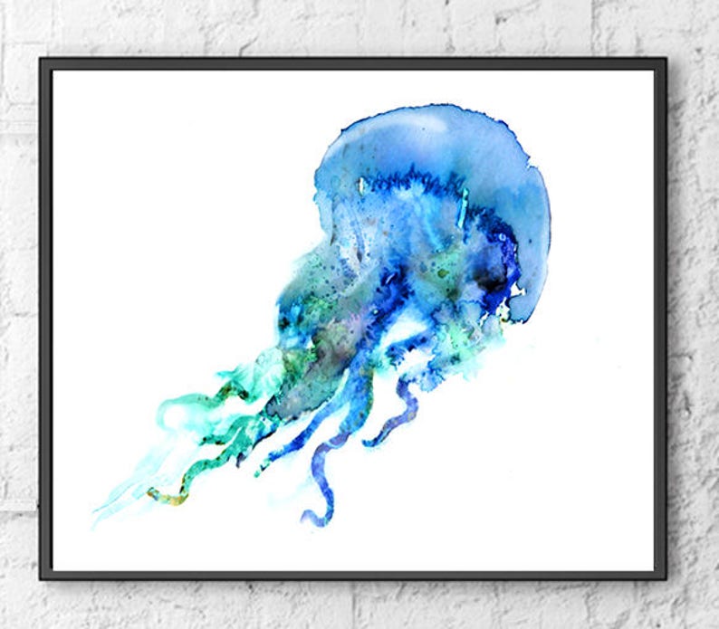 Watercolor Jellyfish print, jellyfish art, ocean art, blue nautical print, bathroom wall art, ocean theme, beach wall decor F217 image 1