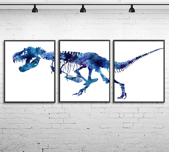 3 Modern Dinosaur Prints Trex Nursery Wall Art Blue Dots Boys Room Pictures 