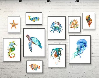 Ocean art nautical nursery art print set watercolor painting, kids wall art, beach decor, coastal art home decor - S42