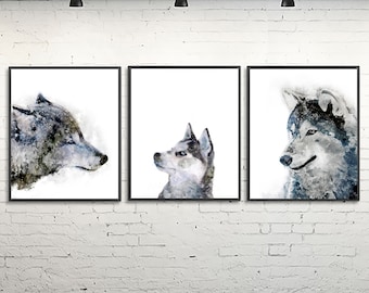 Kids animal prints watercolor nursery prints, wolf print, wolf art, family art, woodland wall art, childrens decor, set of 3 prints - C14