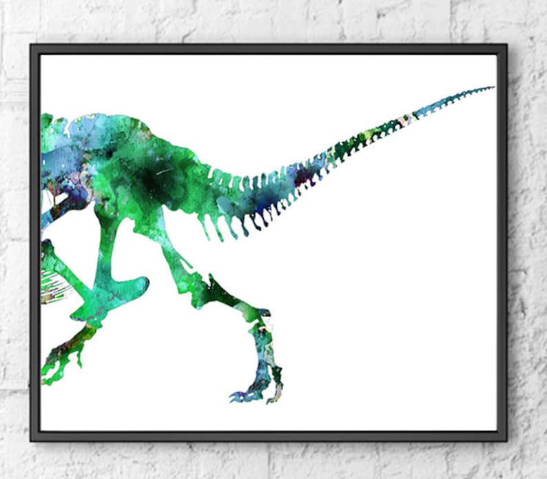 Green Dinosaur Art Print Watercolor Trex Bones Watercolor Dino Etsy