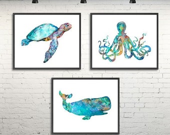 Nursery ocean art print set watercolor nautical painting turtle whale octopus nautical print, coastal decor, beach wall art - S52