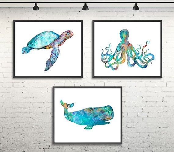 Nursery ocean art print set watercolor nautical painting turtle whale octopus nautical print, coastal decor, beach wall art - S52