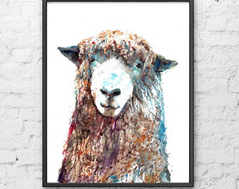 Watercolor animal print, animal painting, sheep print, art painting, sheep art print, farm nursery animal watercolor painting - R18