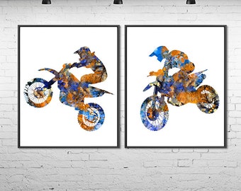 Extreme sport art print, motocross jump, motocross poster, motorcycle  print, dirt bike rider print, blue orange kids decor - Z22