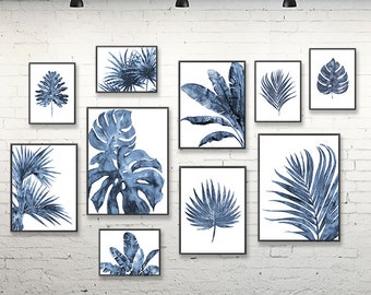 Watercolor painting leaves print, tropical art, palm leaf,  leaves wall art, nature art print set of 10, blue wall decor -S174