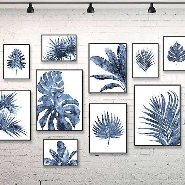 Watercolor painting leaves print, tropical art, palm leaf,  leaves wall art, nature art print set of 10, blue wall decor -S174