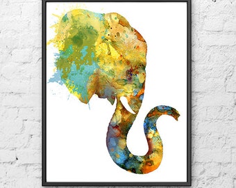 Animal Art Yellow Elephant Watercolor Art Print, Colorful Home Wall Decor, Watercolor Elephant Print - H74