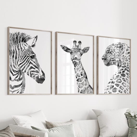 Safari Animal Print Set Of 3, Zebra Giraffe Leopard Wall Art, Nursery Decor - K14