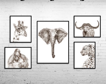 African animal prints, nursery animal prints, nursery animal art elephant prints watercolor animal painting nursery room decor kids wall art