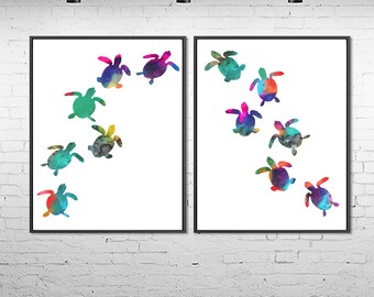 Watercolor Baby Turtles Art Prints: Set of 2, Nursery Wall Decor, 595