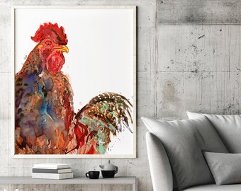 Watercolor Rooster Art Print: Country Kitchen Decor, R17