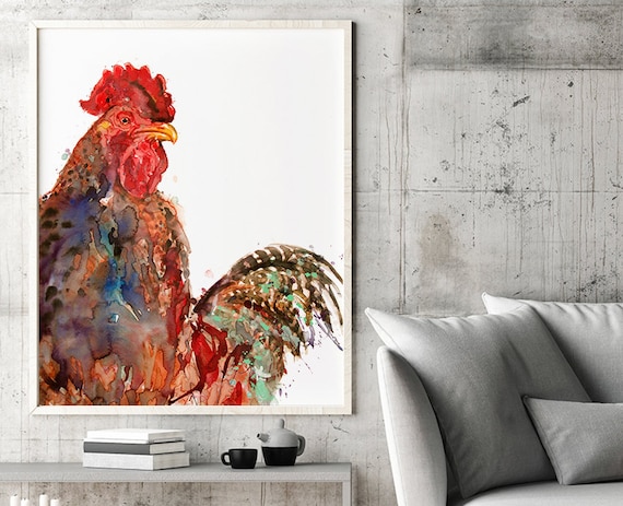Watercolor Rooster Art Print: Country Kitchen Decor, R17