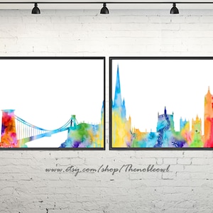 Watercolor Bristol poster, Bristol print, Bristol painting, Bristol England skyline, Bristol cityscape