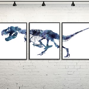 Watercolor Dinosaur Print Set: Navy Blue T-Rex Bones, Jurassic Nursery Art - S176