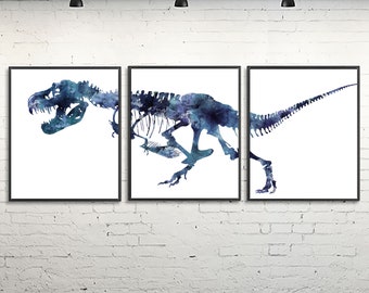 Watercolor Dinosaur Print Set: Navy Blue T-Rex Bones, Jurassic Nursery Art - S176