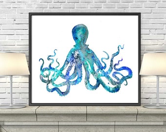 Blue Octopus Watercolor Art Print, Nautical Octopus Print, Blue Ocean Animal Art, Octopus Art, Coastal Wall Decor, Beach Wall Art  - S24