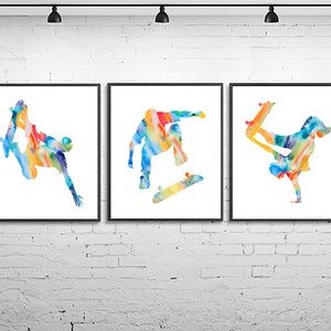 Skateboarder print, skateboard poster set of 3, street sport wall decor, extreme sports decor, boys room decor, teen wall art - Z5