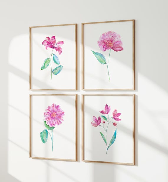 Original Watercolor Flowers Art Print, Set of 4 prints, Flowers Painting, Floral Wall Art, Gift For Her - N64/67