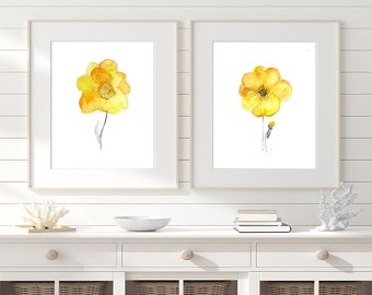 Watercolor painting yellow flowers, set of 2, floral wall art, yellow home decor, flower art, minimalist art, abstract flowers  - 11/26