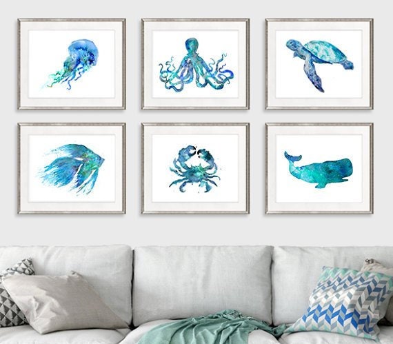 Nursery nautical prints, beach wall decor, ocean art prints, blue coastal decor, nautical baby shower, coastal decor, set of 6 prints - S4