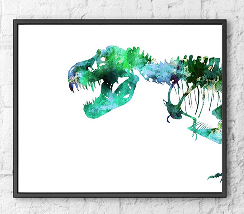 Green Dinosaur Art Print Watercolor Trex Bones Watercolor Dino Etsy