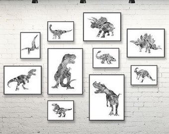 Black white nursery dinosaur print dinosaur wall art kids wall decor children art playroom decor jurassic park poster set of 10 prints - S53