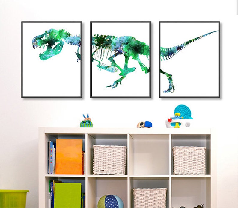 Green Art Print Dinosaur Nursery Art Watercolor Trex Bones Etsy