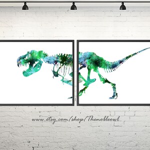 Green Dinosaur Art Print, Watercolor Trex Bones, Watercolor Dino Painting Print - Set of 2 Prints - 426